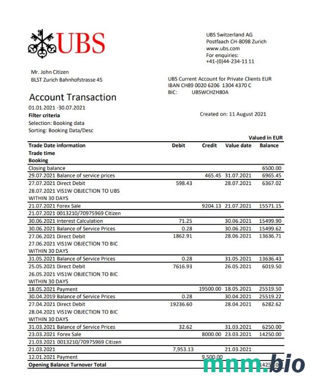 Wyciąg z banku UBS w Szwajcarii, szablon Word i PDF